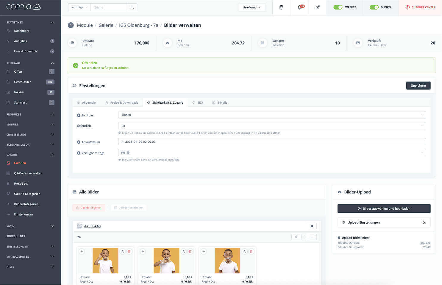 Backoffice mit Galerie-Verwaltung im Überblick